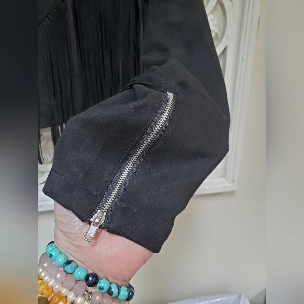 NWT Unique Vintage Black Faux Suede Tassle Fringe Cropped Jacket 1X / 16 - Picture 5 of 16